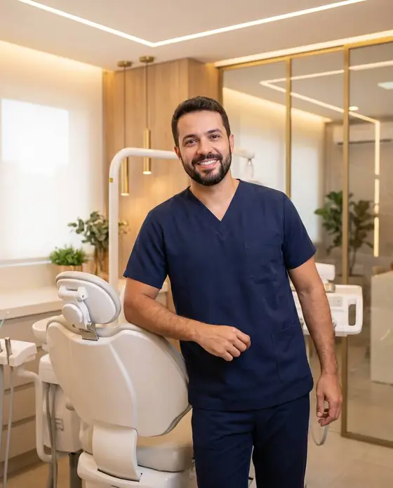 Dentista em clínica odontológica moderna, ao lado da cadeira de atendimento