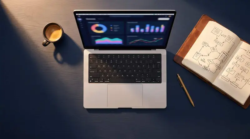 Mesa de trabalho com notebook, café e caderno com rascunhos de estratégia
