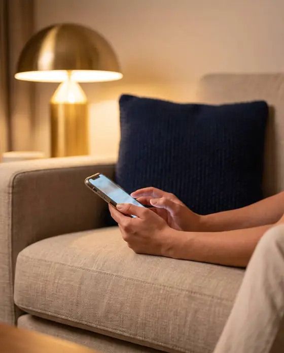 Mãos de uma paciente pesquisando no celular, sentada no sofá de casa